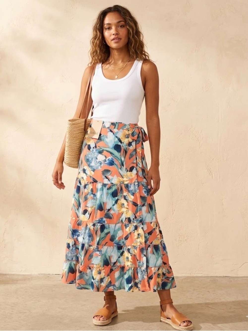 NWT Luxxel Floral Tropical Tiered Maxi Skirt Coral Blue Size Small